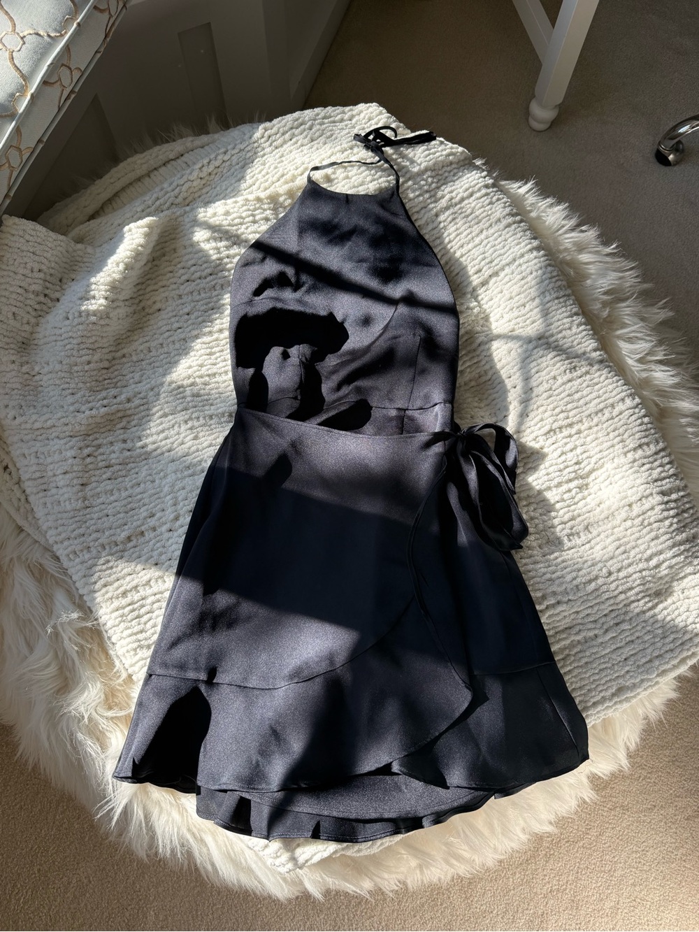 Black Satin Halter Wrap Dress